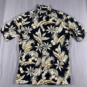Pierre Cardin Shirt Mens Small Black Pineapple Floral Hawaiian Button Up